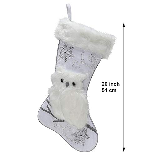 Silver Velvet Christmas Stockings - 3-Pack of 20 inch Holiday Stockings with Festive Owl Applique and Beaded Embroidery with Faux Fur Cuff