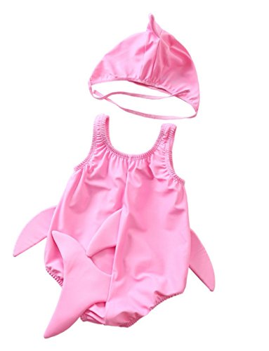 Kids Baby Boys Girls 3D Cartoon Shark One-Piece Swimsuit Bodysuit Bathing Suit with Cap Size 1-2 Years/TagXL (Pink)