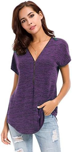 MOQUEEN Womens Loose Fitting Zip up Short Sleeve Tops Tunic Casual Shirt Blouse