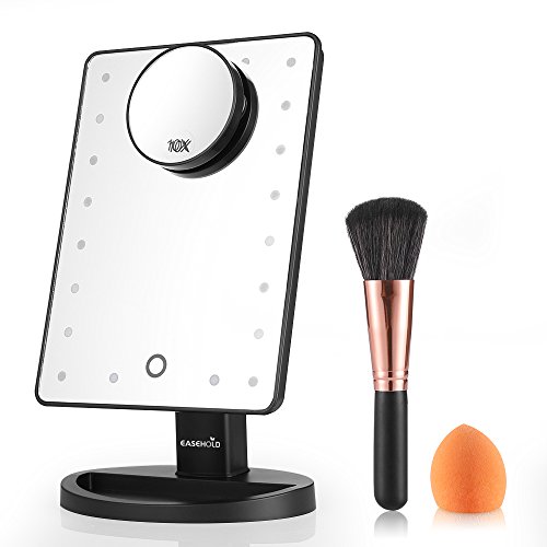 Easehold Lighted Makeup Vanity Mirror with 10X Magnification Mirror Bonus Beauty Brush and Sponge Set (Black)