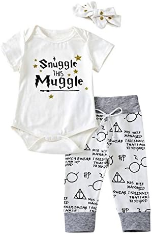 Miwear Baby Boys Girls Letter Print Short Sleeve Romper Bodysuit + Long Pants + Headband Outfits Set
