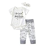 Miwear Baby Boys Girls Letter Print Short Sleeve Romper Bodysuit + Long Pants + Headband Outfits Set (White, 0-6 Months)