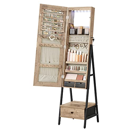 SONGMICS LED Mirror Jewelry Cabinet Standing, Lockable Jewelry