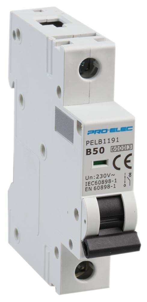 PRO ELEC PELB1191 50A Single Pole MCB, B Curve, 6kA