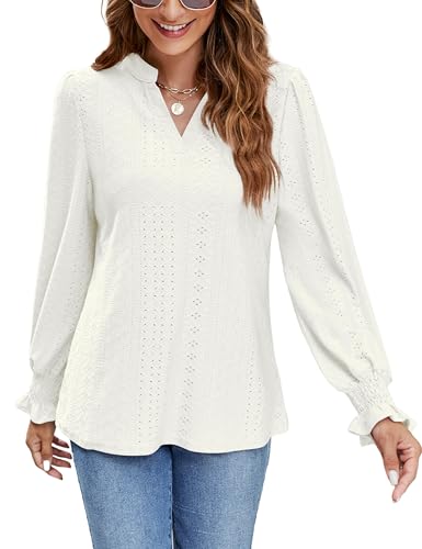 AMORETU WOMENS LACE T SHIRTS CASUAL V NECK TOPS PUFF LONG SLEEVE SHIRTS BLOUSE, WHITE S