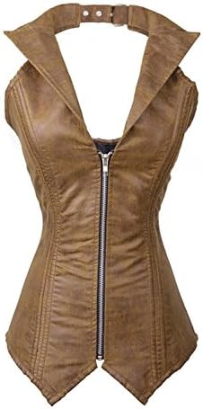 SGY Sexy V-Neck Zipper Front Overbust Boned Corset Vest with Straps (S)