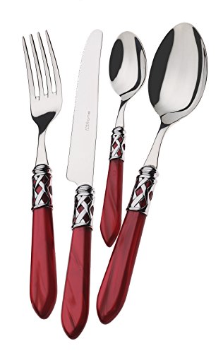 BUGATTI, Aladdin, 24-teiliges Besteckset aus Edelstahl 18/10, verchromtem Ring und Bordeaux-Farbgriff mit Perlmutt-Effekt. Besteckset für 6 Personen: 6 Löffel, 6 Gabeln, 6 Messer und 6 Kaffeelöffel