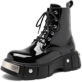 TZNBGGE Men's Lace Up Platform Motorcycle Boots Patent Leather Ankle Boots with Side Zipper Comfort Metal Round Toe Punk Outdoor Combat Boots