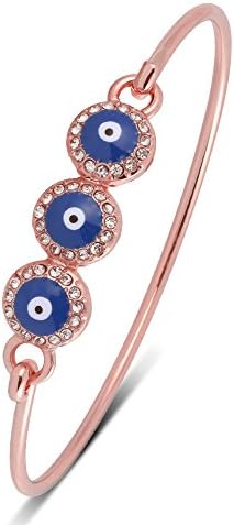 RUXIANG Blue Enamel Crystal Three Evil Eye Bangle Hook Open Cuff Wire Bracelet Jewelry (rose gold)