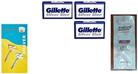 Shaving Factory Double Edge Safety Razor, Silver + Silver Blues Double Edge Blades, 5 ct. (Pack of 3) with FREE Loving Color trial size conditioner