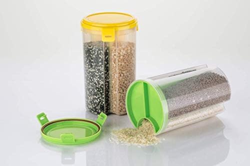 Topinon Transparent Plastic Lock Food Storage Dispenser Airtight Container Jar for Cereals, Snacks, Pulses (3 Section)