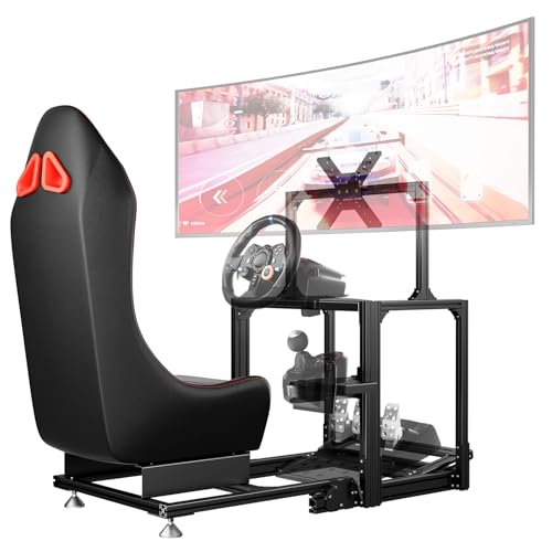 DIWANGUS Racing Simulator Cockpit with TV Mount - Foldable Wheel Stand with TV Stand and Seat, Sim Racing Stand Compatible with Logitech/Thrustmaster/MOZA/FANATEC（Electronic not included