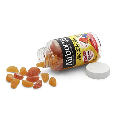 AIRBORNE 750MG VITAMIN C GUMMIES FOR ADULTS, IMMUNE SUPPORT GUMMIES WITH POWERFUL ANTIOXIDANTS VIT C & E, CAFFEINE FREE – 2X63CT BOTTLE (42 SERVINGS), ASSORTED FRUIT FLAVOR