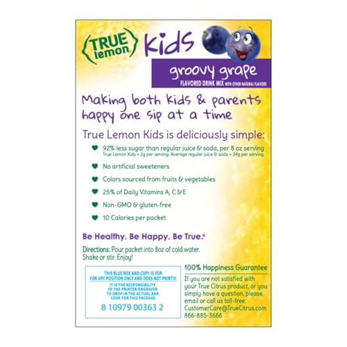 TRUE LEMON KIDS GROOVY GRAPE (10 PACKETS) FOR HYDRATION – NO PRESERVATIVES, NO ARTIFICIAL FLAVORS, NO ARTIFICIAL SWEETENERS – LOW SUGAR WATER FLAVORING – POWDERED DRINK MIX FOR KIDS