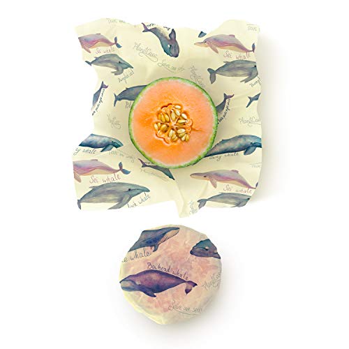 PlanetCare BEESWAX WRAPS; Set of 3 (S M L): Endangered Whales Series Limited Edition: Reusable food wrap, 100% ORGANIC, 100% BIODEGRADABLE; plastic free HEALTHY sustainable beeswax wrap