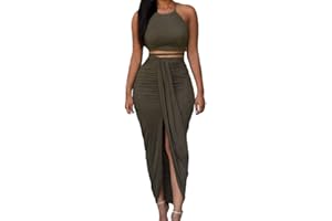 HUUSA Women's Sexy 2 Piece Skirt Sets Elegant Bodycon Maxi Dress Sleeveless Tank Shirt Tops High Waist Ruched Slit Long Dress