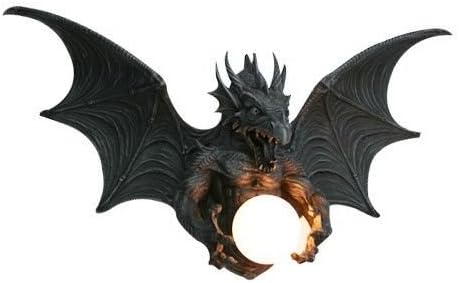 Large Gothic Wall Mount Winged Dragon Ball Lamp Fire Ball Resin Sculpture Decor