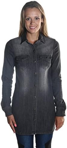 Hadari Women's Long Sleeve Black Denim Button down Knee Length Jacket