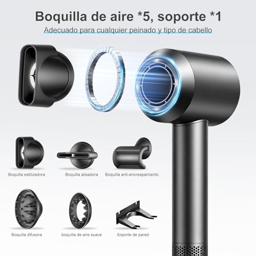 Secadora de Cabello con 1000M de Iones Negativos,Motor de 130,000 RPM para Secado Rápido,Incluye 5 Difusores para Cabello Rizado, Solo 45-50dB,Kit Completo con Soporte de Pared y Base(Gris)