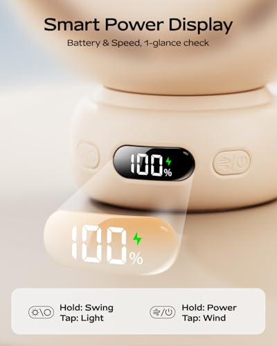 Bearwind Mini Portable Stroller Fan – 60° Auto Oscillation, Quiet USB-C Rechargeable Baby Fan, 4 Speeds, Night Light & Warning Light, Flexible Tripod for Stroller, Car Seat, Crib, Camping (Brown)