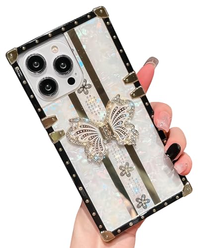 HALATUA Cute Compatible with iPhone 14 Plus Case, Luxury Bling Butterfly Foldable Stand Kickstand for Women & Girls, Flexible Shockproof Protective Case 6.7"(White)