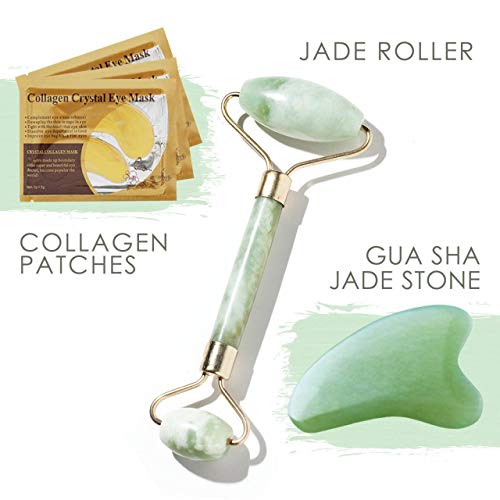 New Anti Aging Jade Roller for Face with Golden Collagen Patches Gua Sha Scrapping Massage Tool Facial Massage Tool - Eye Roller - Quarts Eye Roller - Skin Rollers Best SPA Tool Dark Circles Puffines