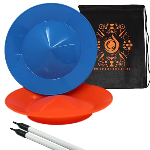 Set of 2 Spinning Plates and Sticks - Flexi Kid's Plate Spinning Set - Includes Cascade Carry Bag (Blue and Orange)