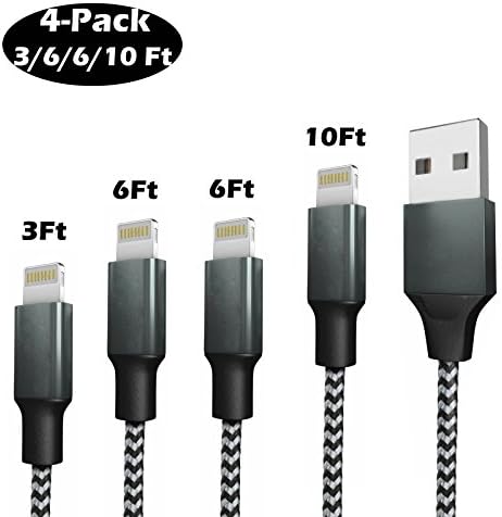 Lightning Cable, TIYI 4-Pack 3/6/6/10ft Nylon Braided for iPhone7/7 Plus 6/6s Plus 5s/5c/5, iPad Pro Air 2, iPad mini 4 3 2, iPod touch 5th gen / 6th gen / nano 7th gen