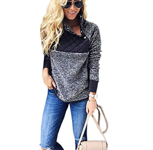 Dokimi Women's Warm Long Sleeves Oblique Button Neck Splice Geometric Pattern Fleece Pullover Coat Sweatshirts Outwear blue M