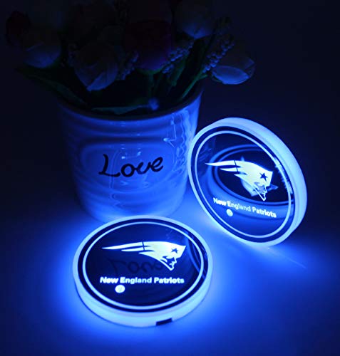 2pcs LED Car Cup Holder Lights for NFL-New England Patriots, 7 Colors Changing USB Charging Mat Luminescent Cup Pad, LED Interior Atmosphere Lamp,We are More Loyal Fans