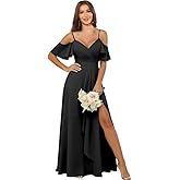 Cozcy Chiffon Bridesmaid Dresses for Women Off Shoulder Spaghetti Straps Long Formal Evening Dress with Slit