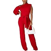 JTNFairy Women's Summer One Shoulder Dressy Stretchy Jumpsuit Casual High Waist Wrap Jumpsuit with Pockets