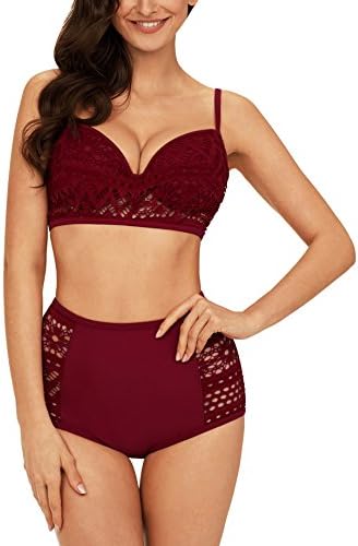 EasyMy Womens Two Piece Vintage Crochet Lace Push up Underwired Swimsuit High Waisted Bikini Sets