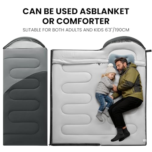 Sleeping Bags for Adults & Kids Lightweight Waterproof 3-4 Season Warm with Inflatable Pillow–Compact Portable Sleeping Bag for Cold Weather Camping, Hiking, Travel, Indoor/Outdoor Use