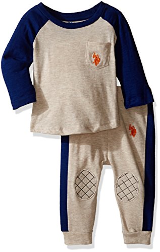 U.S. Polo Assn. Baby Boys' Long Sleeve Slub Jersey Raglan Crew Neck Pullover and French Terry Joggers, Oatmeal, 6-9 Months