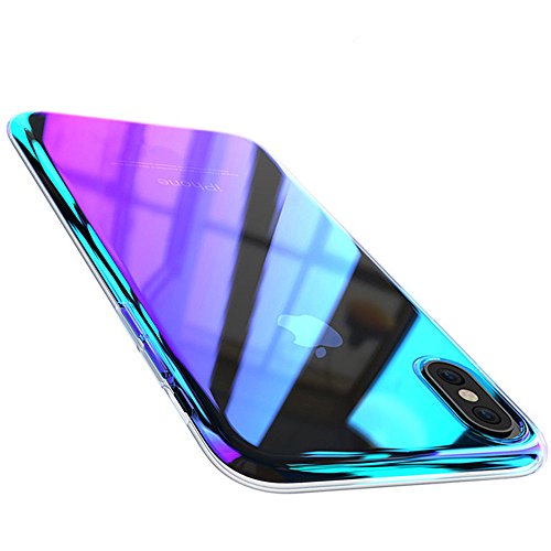 Wireless Charger iPhone X Case, FLOVEME Luxury Slim Fit Gradual Colorful Gradient Change Color Ultra Thin Lightweight Electroplating Bumper Anti-Drop Clear Hard Back Cover Holder, Transparent Purple