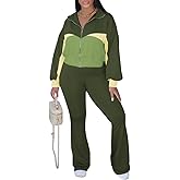 HBQ Women's Color Block 2 Piece Tracksuit Sets Long Sleeve Zip Up Crop Jacket and Flare Pants Casual Y2K Outfit