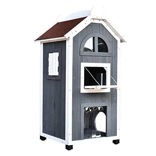 PawHut Katzenhaus für DrauÃen 2-stöckiges Katzenhaus aus Tannenholz, wetterfest Katzenhütte mit Asphaltdach, Blau, 59 x 55 x 109 cm