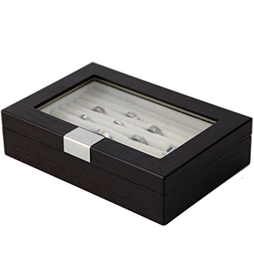 Tech SwissTech Swiss Ring Cuff Link Box Storage Wood Glass Window Engravable Plate (Brown Espresso)