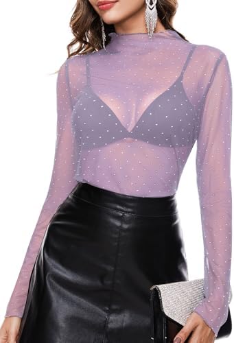 Women Pearl Sheer Top Mesh Beaded See Through Rhinestone Long