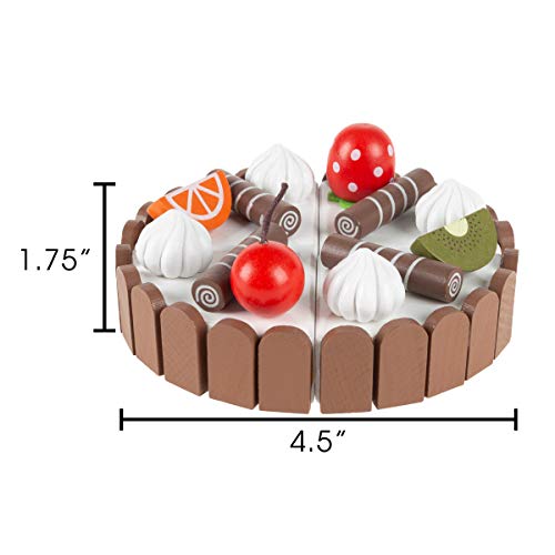 Hey!Play! Birthday Cake-Kids Wooden Magnetic Dessert with Cutting Knife, Fruit Toppings, Chocolate & Vanilla Swirls-Fun Pretend Play Party Food