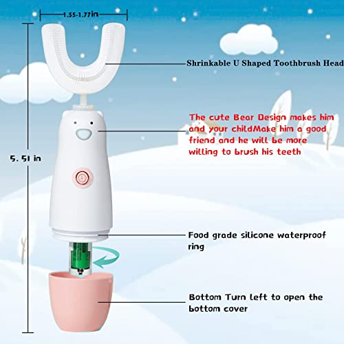 Excefore Kids Electric Toothbrush, 6 Cleaning Models U Shaped Toothbrush Waterproof Battery Powered 360 Automatic Toddler Toothbrushes for 2-7 Years Old for Boys Girls(Pink)