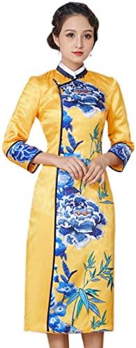 Qipao秋と冬の女性シルク中国牡丹プリント追加綿チャイナ新年イブニングドレスイエロー