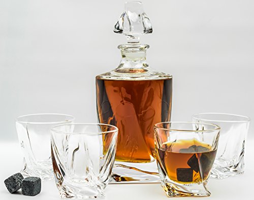 Whiskey Glass Set with Glass Whiskey Decanter - Set of 4 Old Fashioned Glasses with Bonus Granite Whiskey Stones - Great for Scotch and Bourbon - Whiskey Glasses - Perfect Holiday Gift (Twisted)