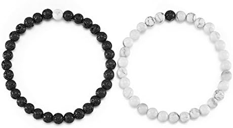 Lover Distance Bracelets Black Lava Beads &amp; White Howlite 6 mm Beads Bracelet for Lesbian, 7.5"