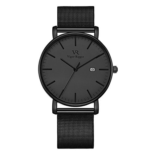 Vigor Rigger Mens Leather Stainless Steel Slim Quartz Watch 30M Waterproof Black Wristwatch