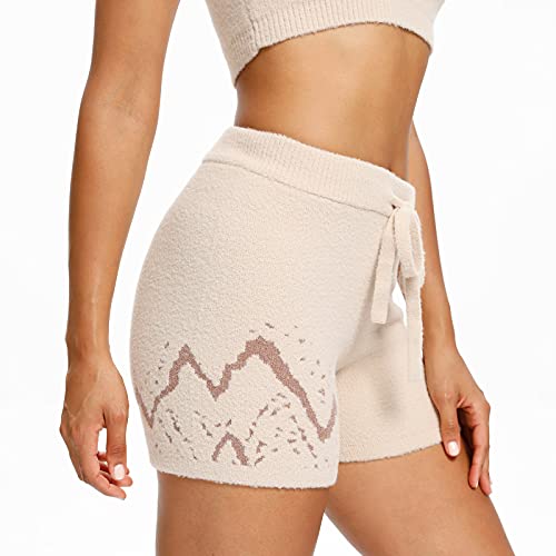 Snuggle Sac Women\'s Comfy Drawstring Casual Shorts Summer Elastic Waist Knit Lounge Shorts Relaxed Fit Shorts, Beige/Large