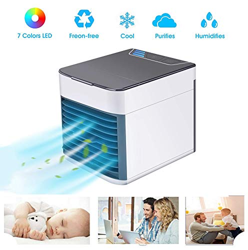 Mini Evaporative Air Cooler Summer Portable Air Conditioner Mobile 3-in-1 3 Speed Compact Humidifier Purifier Fan Personal Space Noiseless USB for Home Office Desktop 12W