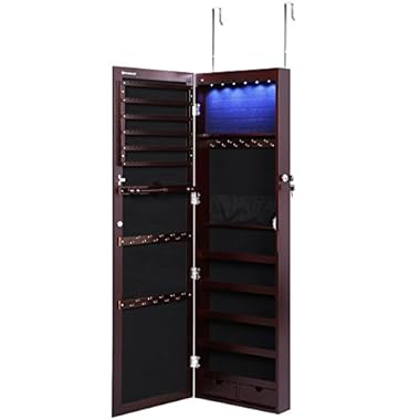 SONGMICS 6 LEDs Jewelry Cabinet Lockable Wall/Door Mounted Jewelry Armoire Organizer with Mirror 2 Drawers Brown Mother’s Day Gift UJJC93K