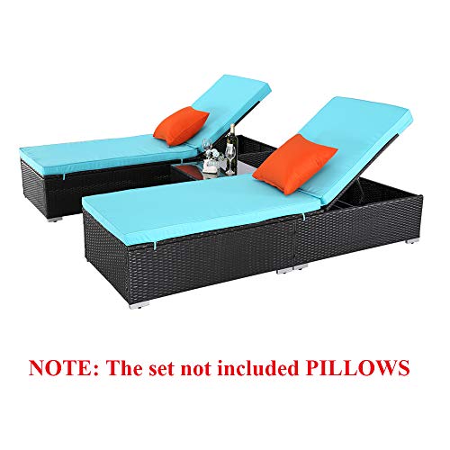 Do4U 3 Pieces Outdoor Patio Chaise Lounge Sets Adjustable Backrest Rattan Wicker Furniture Pool Porch Lounge Chair Set with Coffee Table (Turquoise Cushion)